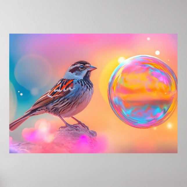 Farbige Sparrow und Regenbogenblase Poster (Vorne)
