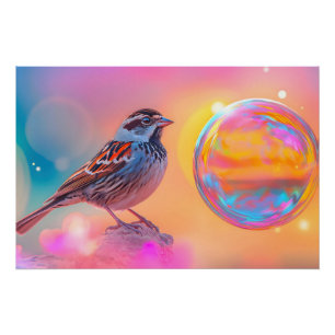 Farbige Sparrow und Regenbogenblase Poster