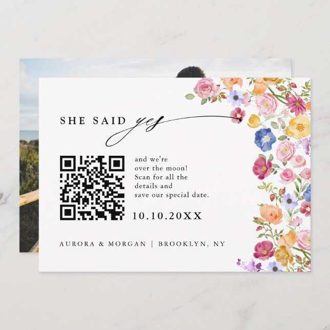 Farbige Spring Wildblume Meadow Foto QR-Code Save The Date (Vorne/Hinten)
