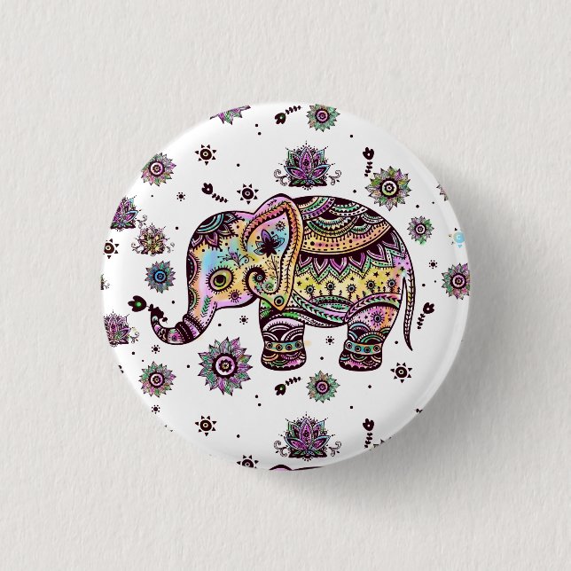 Farbige Stammes-Blume Elefant Button (Vorderseite)
