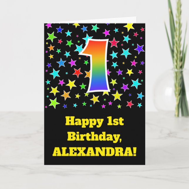 Farbige Sterne + Regenbogenmuster "1" Geburtstag # Karte (Vorderseite)