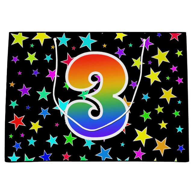 Farbige Sterne + Regenbogenmuster "3" Ereignis # Große Geschenktüte (Vorderseite)