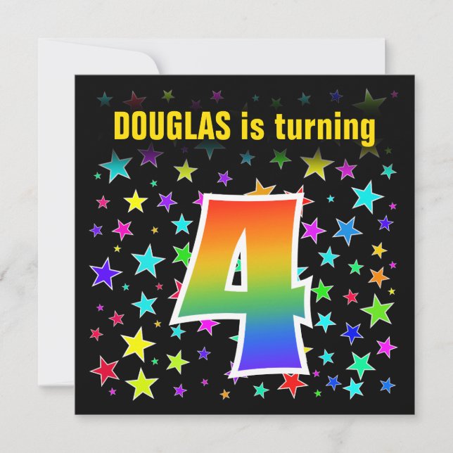 Farbige Sterne + Regenbogenmuster "4" Geburtstag # Einladung (Vorderseite)