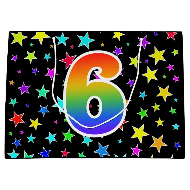 Farbige Sterne + Regenbogenmuster "6" Ereignis # Große Geschenktüte (Vorderseite)
