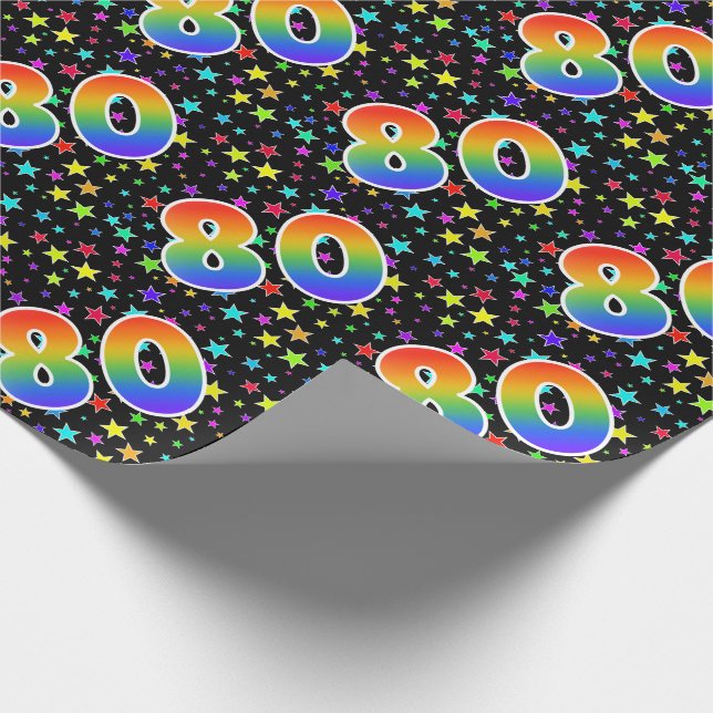 Farbige Sterne + Regenbogenmuster "80" Ereignis # Geschenkpapier (Ecke)