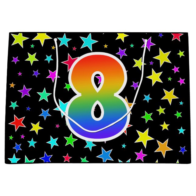 Farbige Sterne + Regenbogenmuster "8" Ereignis # Große Geschenktüte (Vorderseite)