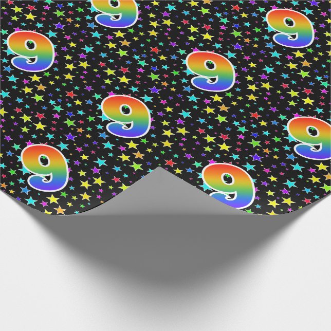Farbige Sterne + Regenbogenmuster "9" Ereignis # Geschenkpapier (Ecke)