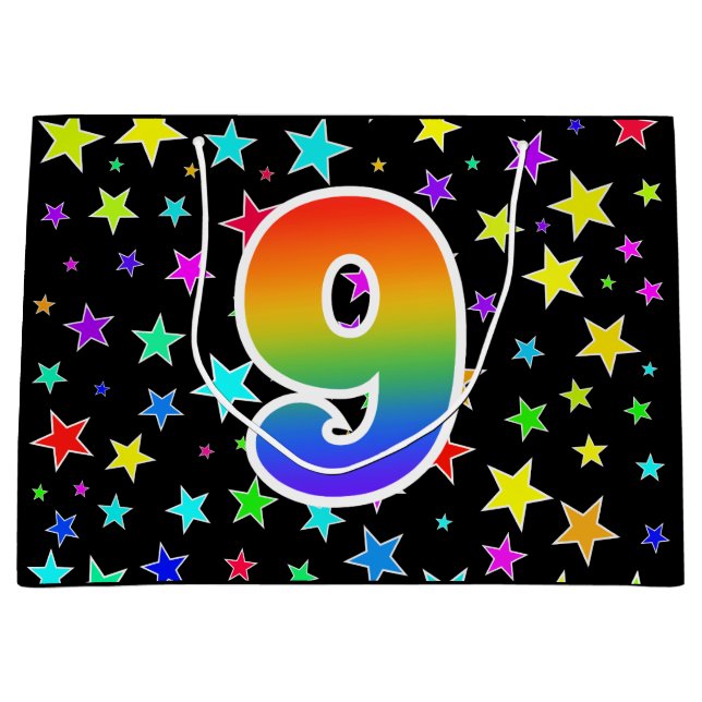 Farbige Sterne + Regenbogenmuster "9" Ereignis # Große Geschenktüte (Vorderseite)