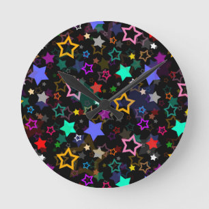 Farbige Sterne Schwarz Runde Wanduhr