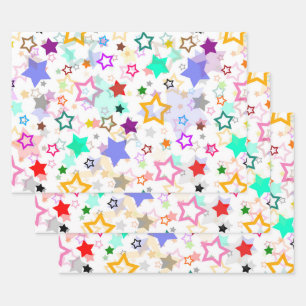 Farbige Sterne Weiß Geschenkpapier Set