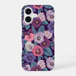 Farbige Stiefmütterchen auf tiefem Violett iPhone 16 Hülle