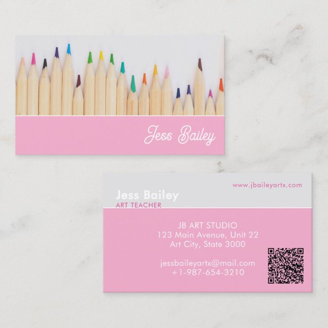 Farbige Stifte Pink Teacher Business Card Visitenkarte (Vorne/Hinten)