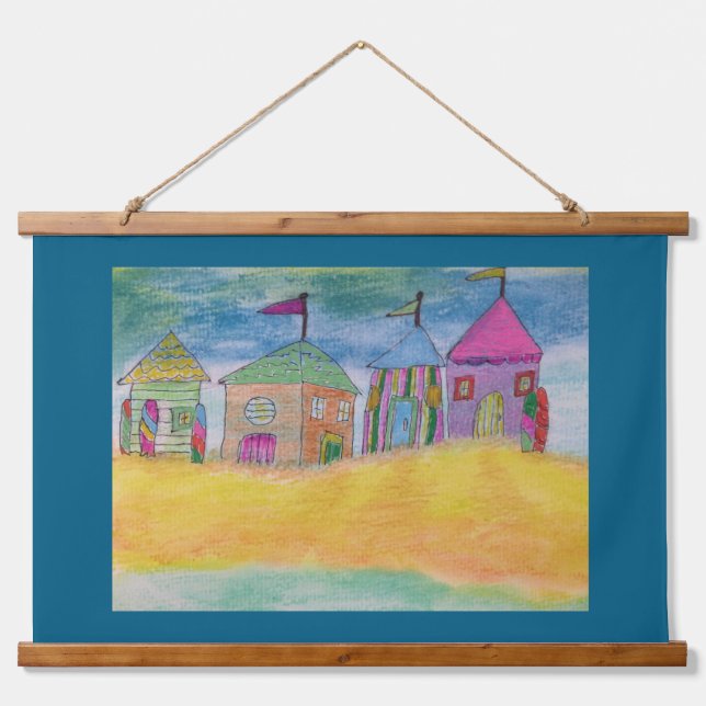 Farbige Strandhütten Wandteppich Mit Holzrahmen (Vorne)