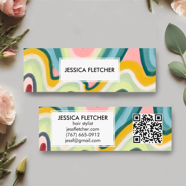 Farbige Streifen Minimalistischer Cooler QR-Code Mini Visitenkarte (Wavy colorful pattern on these custom mini business cards with QR code.)