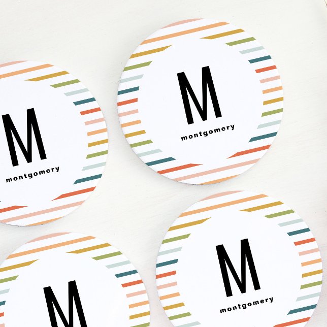 Farbige Streifen Mit Monogramm Cocktail Runder Pappuntersetzer (Colorful Stripes Monogrammed Cocktail Round Paper Coaster)