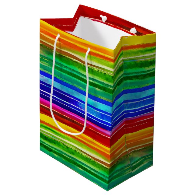 Farbige Streifen Moderne Künstlerische Regenbogenf Mittlere Geschenktüte (Vorderseite Schrägansicht)