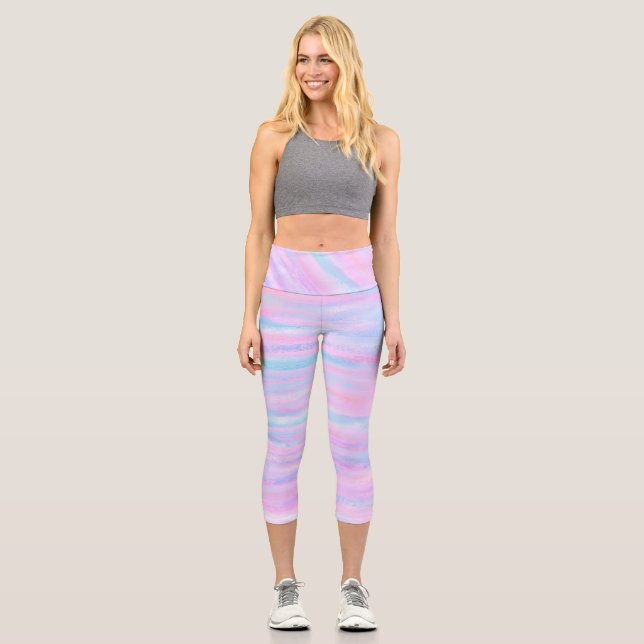 Farbige Streifen Türkis Pink Lila Capri Leggings (Vorderseite)