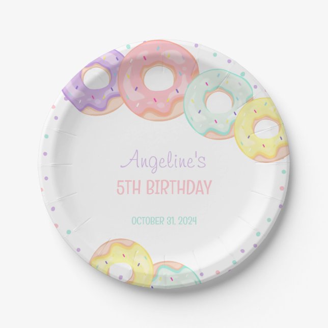 Farbige Streusel-Donuts Kindergeburtstag Pappteller (Vorderseite)