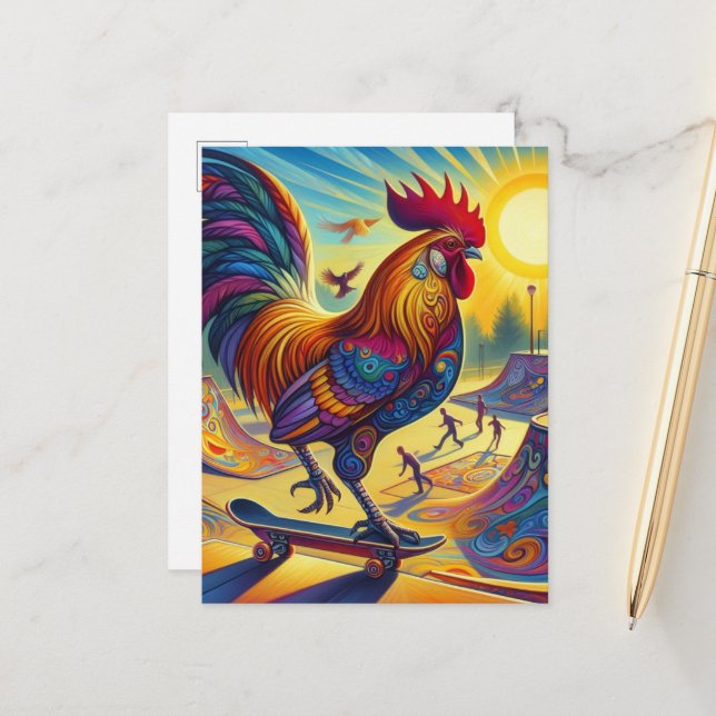 Farbige Surreal Skateboarding Rooster Postkarte (Vorderseite/Rückseite Beispiel)