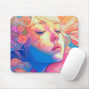 Farbige süße Mädchen von Blumen umgeben Kunstwerk Mousepad