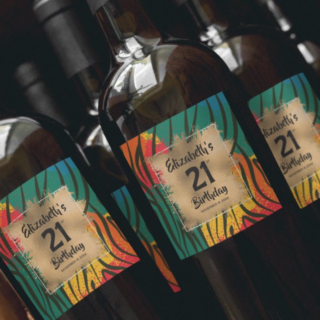 Farbige Tierwerbung 21. Geburtstag Personalisiert Weinetikett (Von Creator hochgeladen)