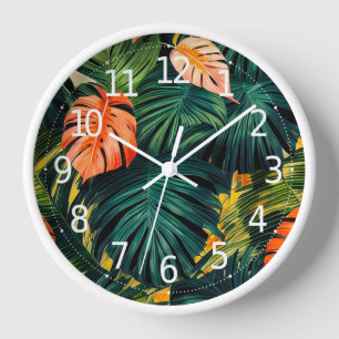 Farbige tropische Blätter und Hibiskusblüten Uhr