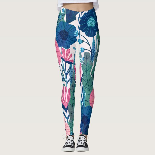 Farbige tropische Blume und Blätter Leggings (Vorderseite)
