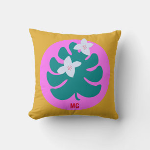 Farbige tropische Blumen moderne Monogramm Rosa Kissen