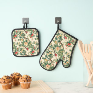 Farbige tropische Blumen Vögel Ofenhandschuh & Topflappen-Set