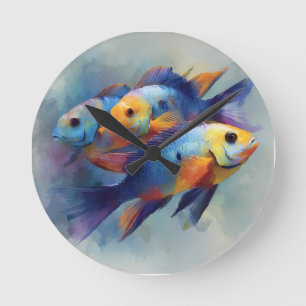 Farbige tropische Fisch-Triptychon-Leinwand-Wandku Runde Wanduhr