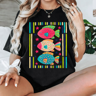 Farbige tropische Fischvolkskunst Küstenozean Meer T-Shirt