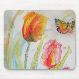 Farbige Tulpe und Schmetterling Wasserfarbe floral Mousepad