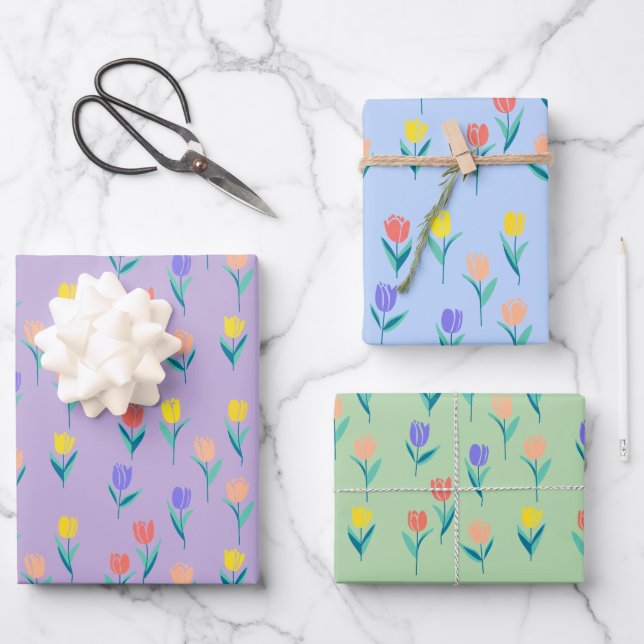 Farbige Tulpen Blumen-Design Geschenkpapier Set (Vorderseite)