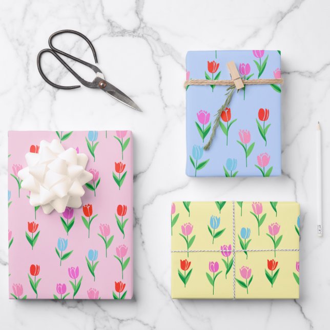 Farbige Tulpen Blumen Design Geschenkpapier Set (Vorderseite)