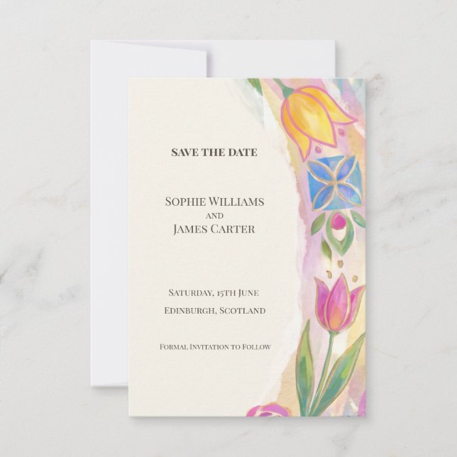 Farbige Tulpen-Save-the-Date-Karte Save The Date (Vorderseite)