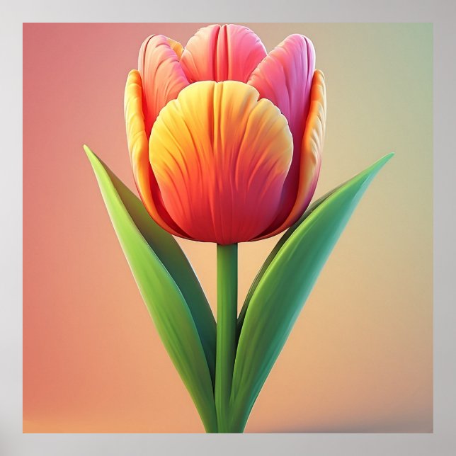 Farbige Tulpenblüte mit grünen Blättern Poster (Vorne)