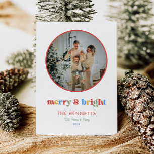 Farbige Typografie Merry & Bright Round Foto Feiertagskarte
