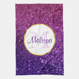 Farbige und Lila Glitzer-Edelsteine Monogramm Geschirrtuch