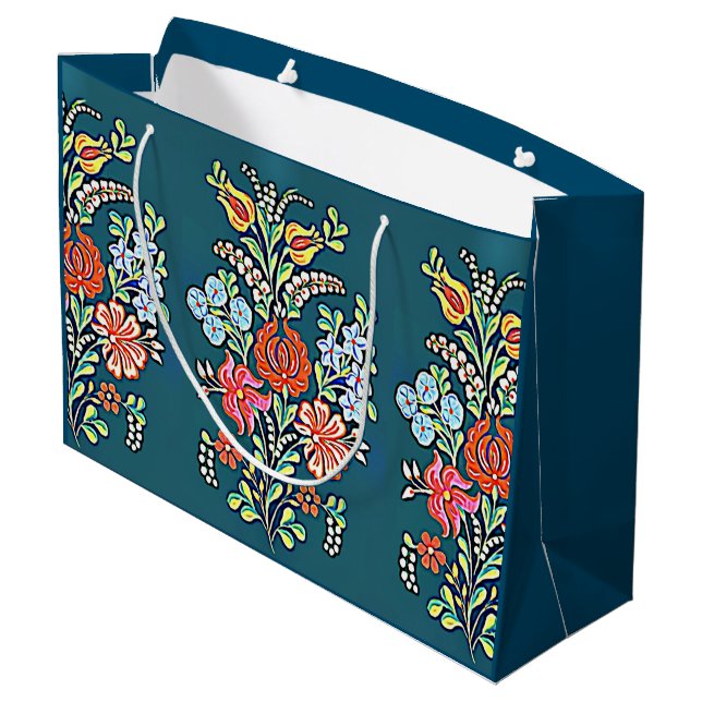 Farbige ungarische Blume Große Geschenktüte (Rückseite Schrägansicht)