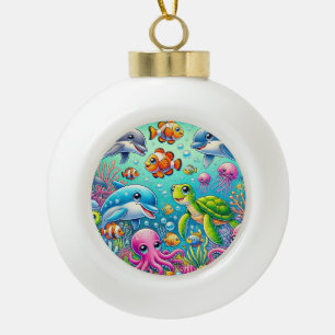 Farbige Unterwasserszene mit spielerischen Meeresb Keramik Kugel-Ornament