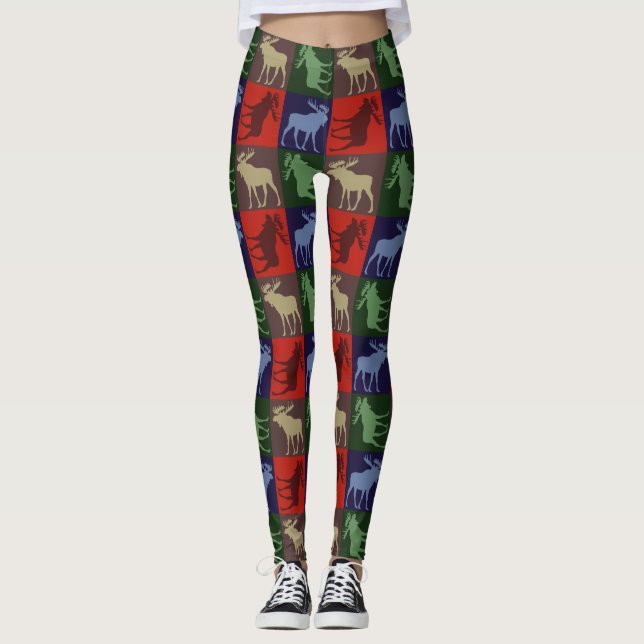 Farbige Vierquadrat-Elche-Muster Leggings (Vorderseite)