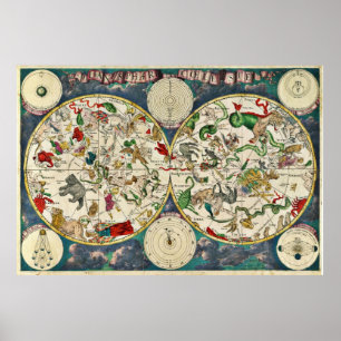 Farbige Vintage Astrologie-Sternkarte, Zeichen Poster