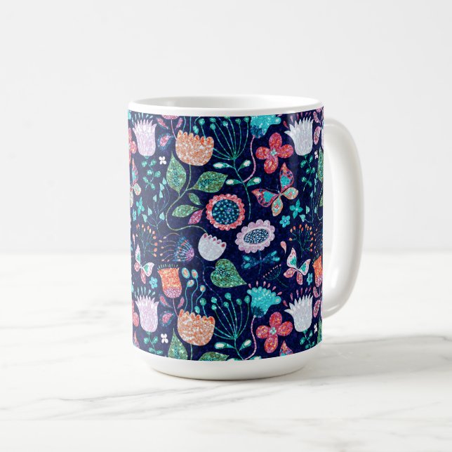 Farbige Vintage Blume und Schmetterlingsmuster Kaffeetasse (VorderseiteRechts)
