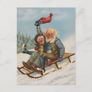 Farbige Vintage-Gnome auf einer Schlittenkarte Postkarte