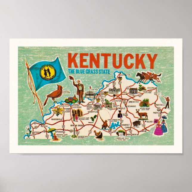 Farbige Vintage Kentucky Karte drucken Poster (Vorne)