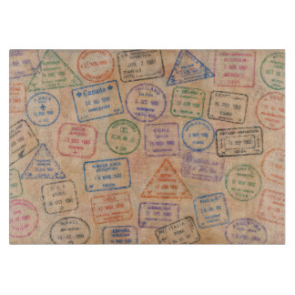 Farbige Vintage-Reisepass-Stempel, bunte Reise-Eph Schneidebrett