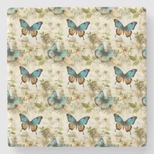 Farbige Vintage Schmetterlinge und Blume (1) Steinuntersetzer