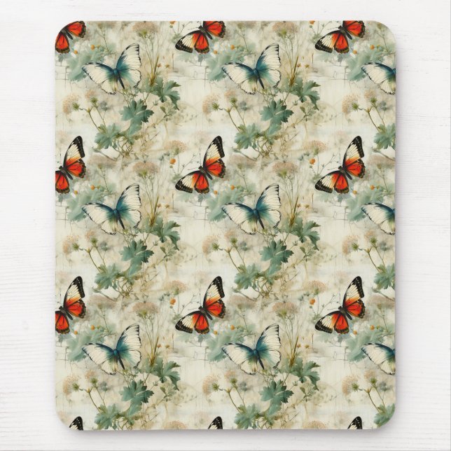 Farbige Vintage Schmetterlinge und Blume (2) Mousepad (Vorne)