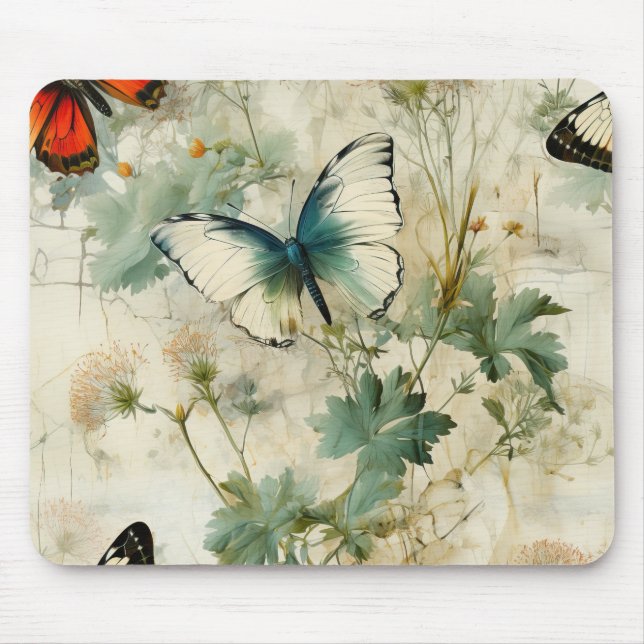 Farbige Vintage Schmetterlinge und Blume (2) Mousepad (Vorne)