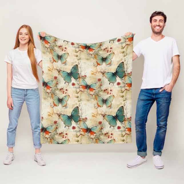 Farbige Vintage Schmetterlinge und Blume (3) Fleecedecke (Beispiel)